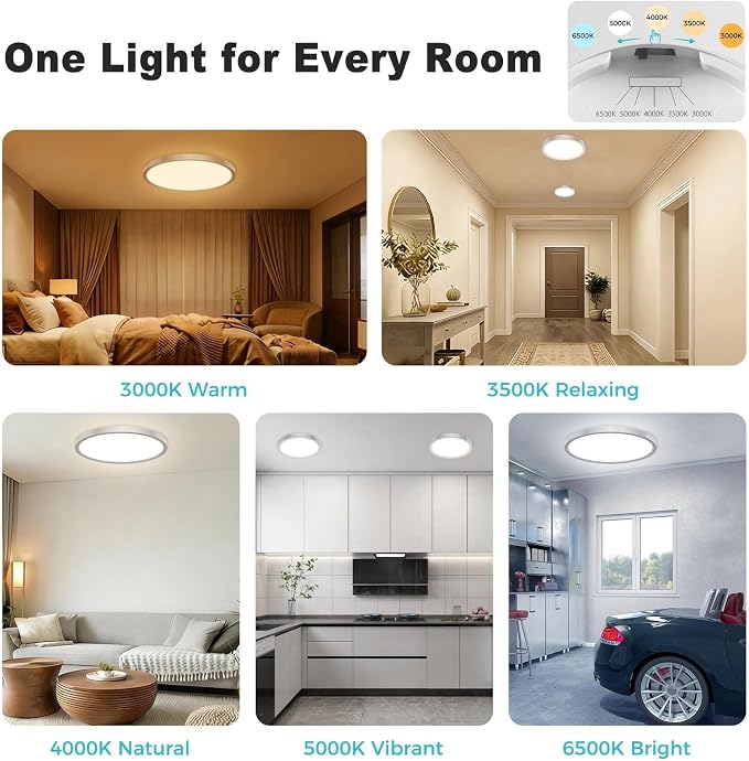 libtit 2Pack 13inch LED Flush Mount Ceiling Light, Dimmable & 5Color Temperatures (3000K-6500K), 24W Round Slim Brushed Nickel Light Fixture for Bedroom Livingroom Garage Kitchen