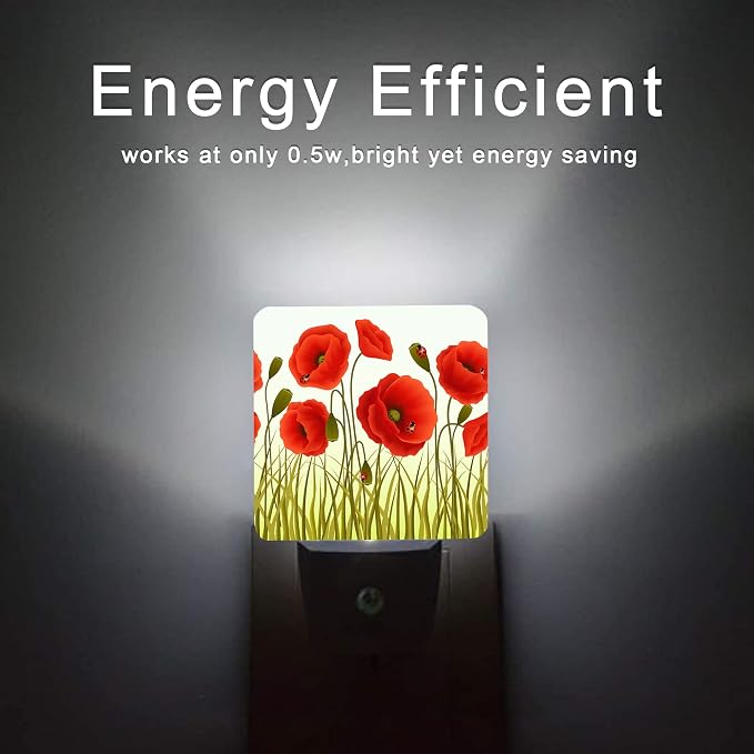 Red Flowers Night Light,Red Poppy Flowers and Ladybugs Plug-in Night Lights with Dusk-to-Dawn Sensor for Stairway/Hallway/Bedroom Sleep Friendly lamp for Women/Girls/Boys Gift,0.5W