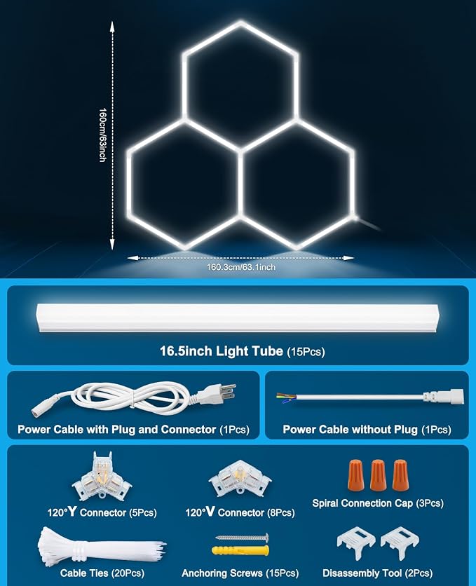 Hexagon led Lights: DIY Ceiling LED Gym Light Hexagon Garage Lights 16660LM | Bigger Size for Basement Warehouse Workshop Barbershop Car Care Wash Room Auto Beauty Shop Exhibition 6500K