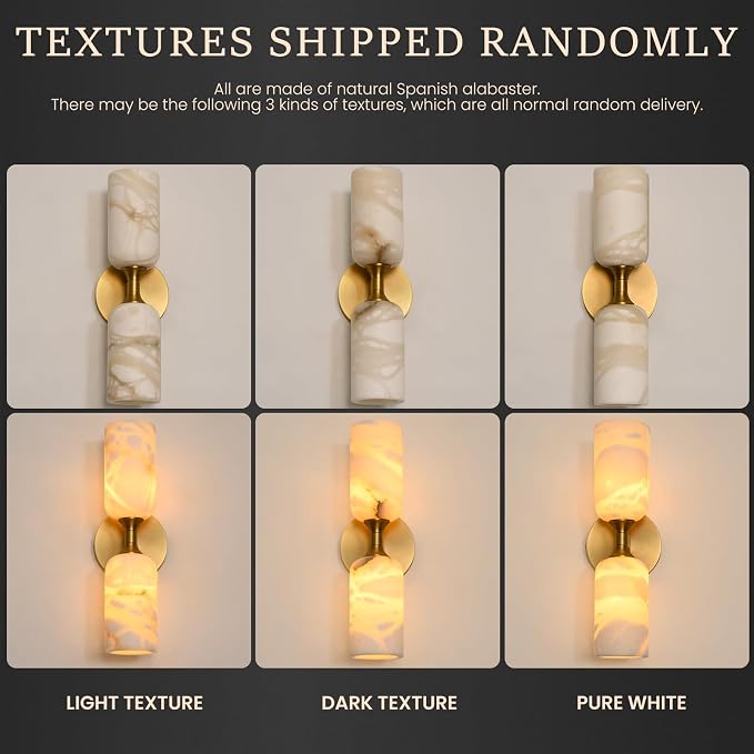 Gold Alabaster Wall Sconces Set of 2, 14in Spanish Natural Marble Sconce, Modern Stone Wall Light, Dimmable Alabaster Vanity Light Hardwired Brass Wall Lamp for Bathroom Mirror, Bedroom, Hallway