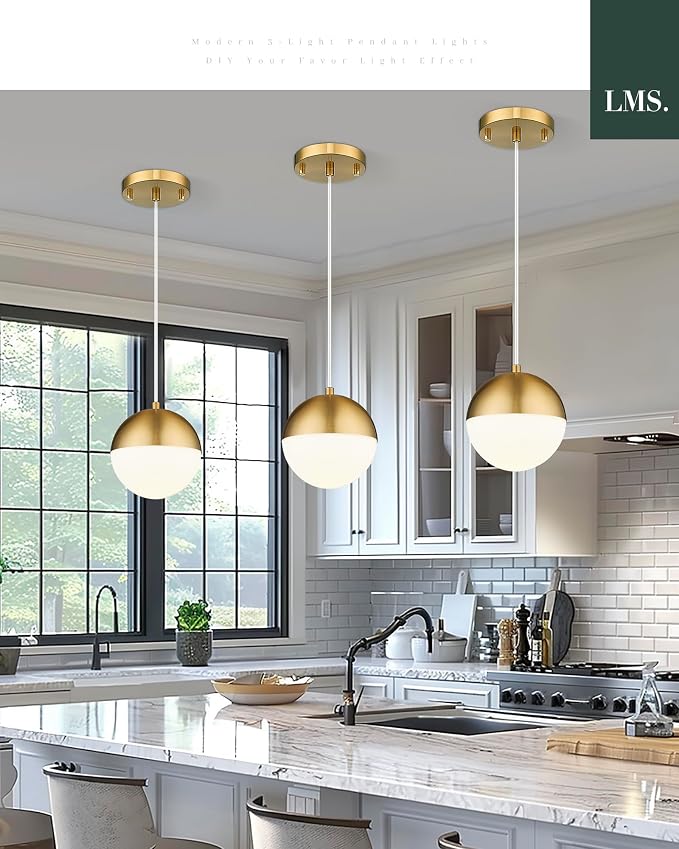 6-inch Brushed Gold Pendant Light Fixtures, Mid Century Pendant Light Fixtures with White Globe Glass, Adjustable Hanging Cord Ceiling Light Fixtures for Dining Room Bathroom, LMS-186BGS