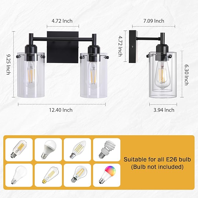 Matte Black 2-Light Bathroom Light Fixtures,Bathroom Vanity Light Over Mirror with Glass Shade,Modern Farmhouse Wall Sconces Lighting for Bedroom Cabinet Kitchen Living Room
