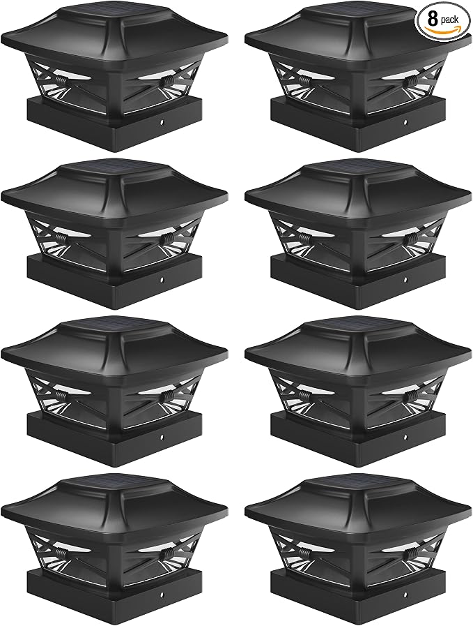 Renaissance Solar Outdoor Post Cap Lights - Includes Bases for 4x4 5x5 6x6 Posts - Bright LED Light - Slate Black (8 Pack) | Slate Black, fence/deck/garden/patio posts, UV fade-protected plastic, auto-on, 7-8h runtime, cordless, IP44, 25lm warm white