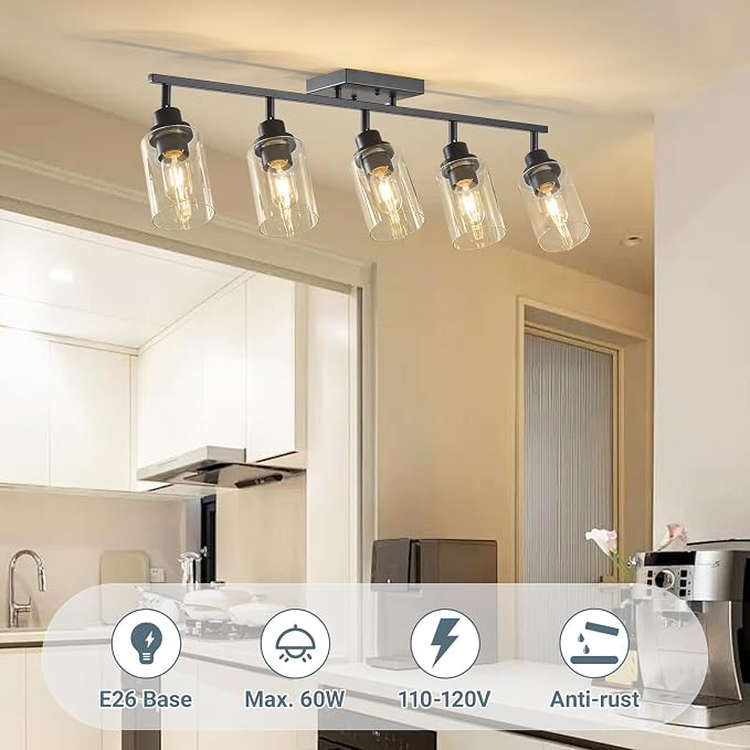 LOUSACE 5 Light Kitchen Track Light Fixtures Ceiling Vanity Lights Black, Bathroom Track Lighting Kit w/Rotatable Heads & Clear Glass Shade, Modern Wall Ceiling Tracking Light for Accent Shop Hallway