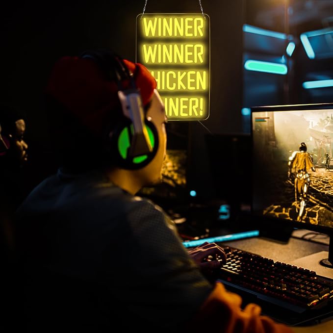 WonderfulLife Winner Winner Chicken Dinner Neon Sign for Game Zone Decor,Shooting Games Led Lights for Man Cave Gaming Room Internet Bar or Bedroom Decoration.5V USB Powered,Easy Hanging.