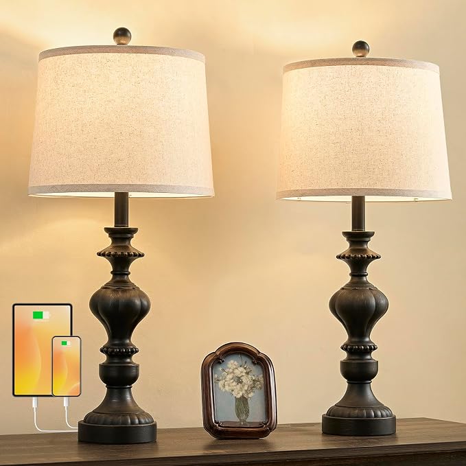 SAIWEYA 27.5" Farmhouse Table Lamps Set of 2 Bedside Lamp with USB C+A Ports & AC Outlet, 3 Way Dimmable Lamps for Bedroom Living Room Office Rustic Lamp | Dimmable, USB C+A Ports & AC Outlet, LED Bulbs Included, Rustic Lamps for Living Room, Bedroom