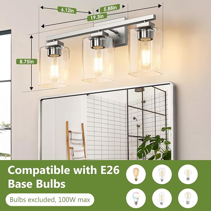 19” Bathroom Light Fixtures, 3-Light Vanity Light Brushed Nickel | Square Clear Glass & Durable Metal, Quick & Easy Installation, Standard E26 Socket, Bright Bathroom Lighting