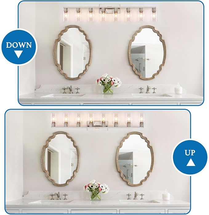 8 Light Bathroom Vanity Light Brushed Nickel Bathroom Light Fixtures 8-Light Vanity Lights for Bathrrom Lights Fixtures Over Mirror Large Wall Sconce with Clear Glass Shade