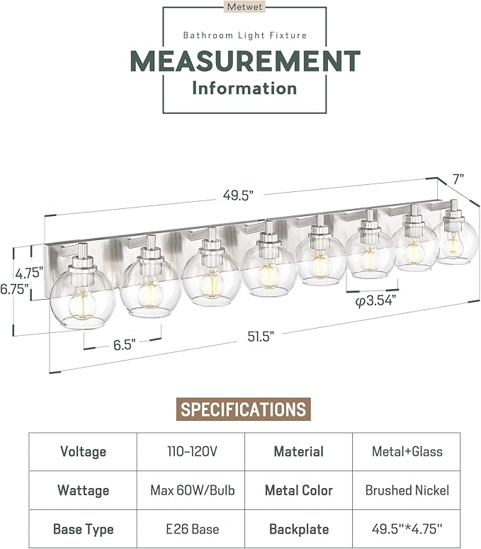 Bathroom Light Fixtures, 8 Light Brushed Nickel Vanity Light, 52 Inch Modern Wall Sconces with Globe Clear Glass Shade, Vanity Lighting Fixtures Over Mirror, VL195-BN-8