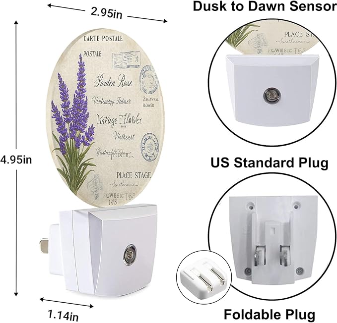 Lavender Night Light Purple Floral Spring Summer Flowers Night Lights Plug into Wall Dusk to Dawn Sensor Round LED Lighting for Men Women Boys Girls, 0.5W Energy Efficient