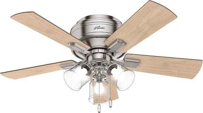 Hunter Crestfield, Indoor, Ceiling Fan, Quiet, 42 inch, Brushed Nickel | with LED Lights and Pull Chain, Low Profile Flush Mount, 5 Blades, For Bedroom, Living Room, Kitchen, 52154