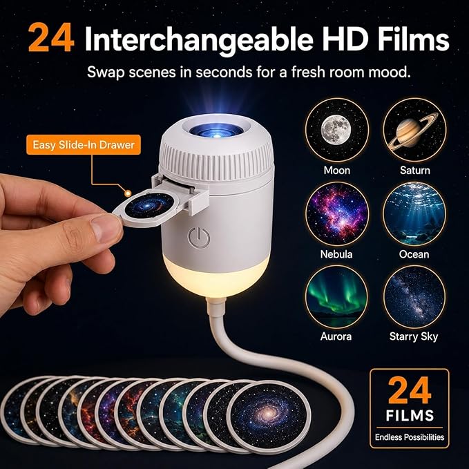 Upgraded Plug and Play Hd Star Projector with 24 Films, 2-in-1 Galaxy Star Projector, 360 Rotating, Hd Smart Dynamic 5D Holographic Night Light Projector for Bedroom, Party, Gift，12 Projection Films