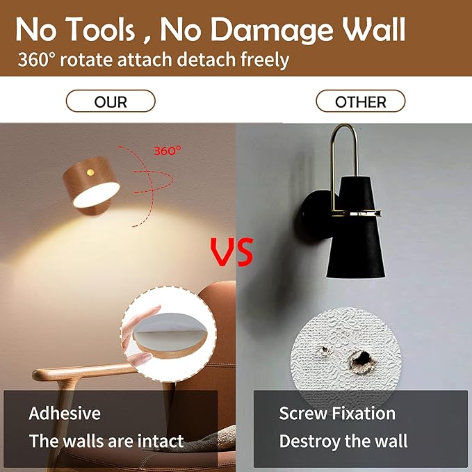 Wooden Led Wall Sconce, 360° Rotatable Dimmable Wall Lights Rechargeable Wall Lights Battery Operated Magnetic Led Night Light for Reading Light and Household Lighting (Beech Wood 1pcs)
