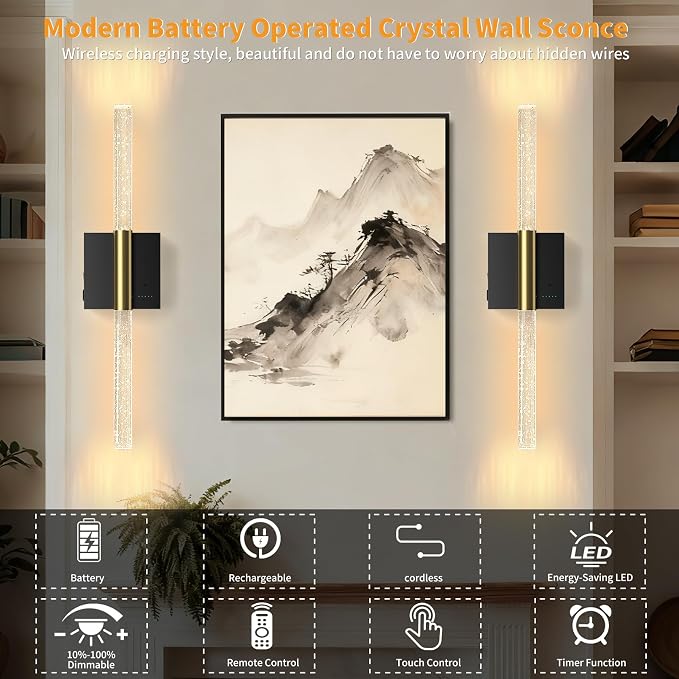 Battery Operated Sconces Set of 2, 28in Rechargeable Wireless Wall Lights | 8000mAh Dimmable Modern LED Wall Lamp Fixtures with Timer Function for Living Room Bedroom Bathroom Hallway, Black