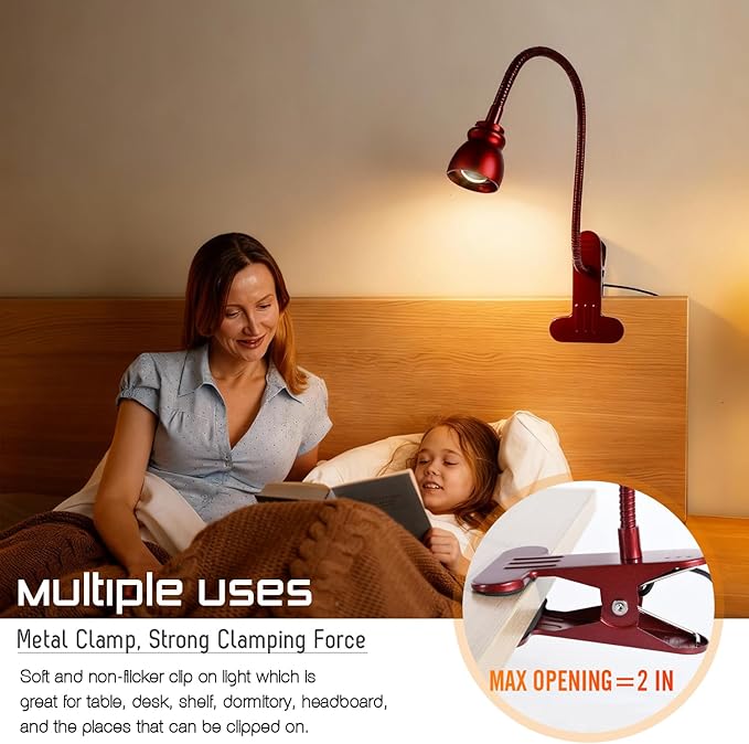 Zoomable Clip on Light, Clamp Reading Light for Dorm Bed Headboard, Dimmable Spotlight with 3 Color Temperature Options, 10 Dimmable Brightness Levels, Adjustable Beam Angle (Red)