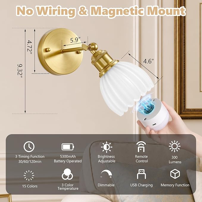 Vintage Battery Operated Wall Sconce, White Tulip Glass Lampshade Wireless Rechargeable Battery Powered LED Wall Light with Remote Dimmable for Bedside Bedroom Doorway Living Room, Set of 2