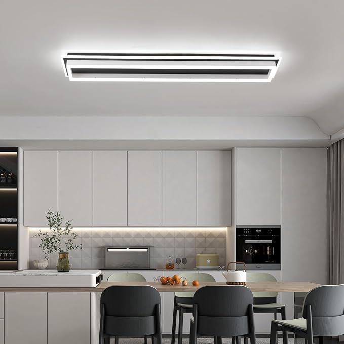 Dimmable Led Ceiling Light with Remote Control Modern Linear Flush Mount Ceiling Lighting Fixture Acrylic Long Ceiling Lamp for Living Room Kitchen Dining Room Hallway (Black&White,39.3inch)