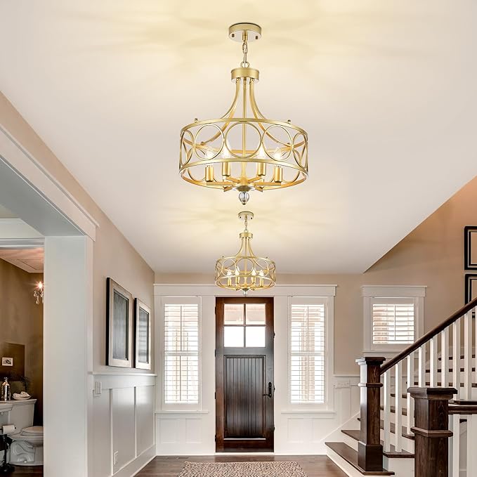 6-Light Gold Chandelier,17.5in Farmhouse Lantern Pendant Light Fixture,Adjustable Hanging Ceiling Lighting with E12 Socket,for Kitchen Island,Bedroom,Entryway,Dining Room