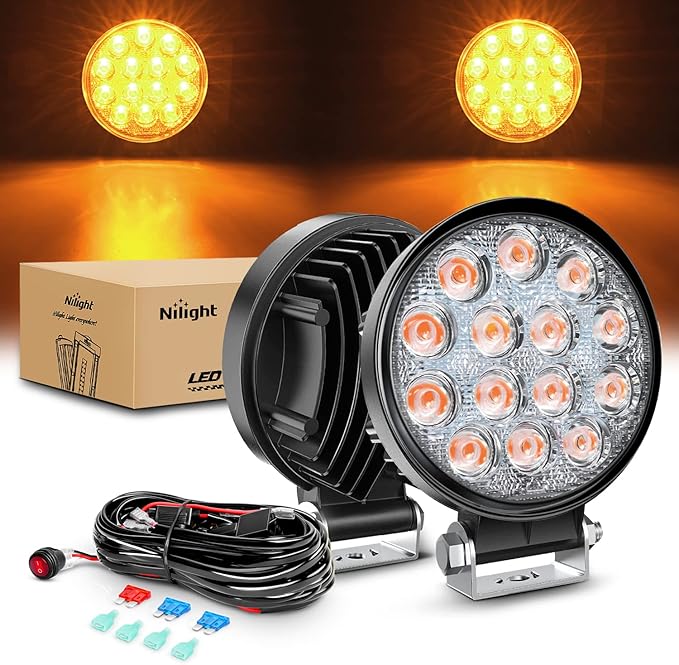 Nilight 4.5Inch 42W 4200LM Amber LED Light Pods Round Flood Lights for Off Road, Roof & Fog - 16AWG Wiring Harness Kit-2 Leads