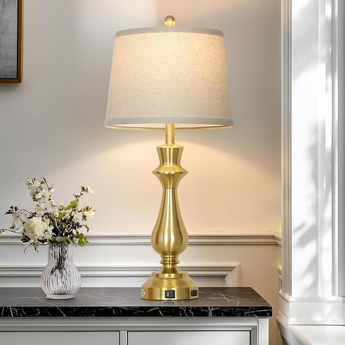 Modern Gold Table Lamp for Living Room,30" Tall Bedside Lamp with USB Charging Port,3-Way Dimmable Touch Nightstand Lamp for Bedroom Desk Side Table Office,Gold-1P