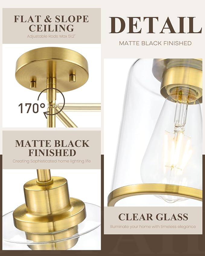 Beionxii 3Pack Pendant Lights Kitchen Island,Brass Kitchen Pendant Lighting | Farmhouse Gold Pendant Lighting with Clear Glass Shade,Mini Hanging Light Over Island for Dining Room Sink,BX-PL02BG-CG-3PK