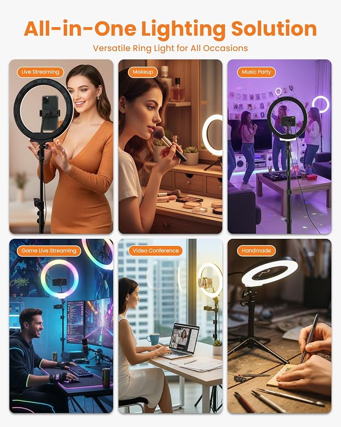 10" RGB Ring Light with 66'' Tripod Stands, 2 Phone Holder, Remote | 28 Color & 10 Brightness Level, Circle Ring Light for Live Stream, TikTok, YouTube, Makeup, Compatible with iPhone & Android
