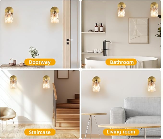 2-Pack 1-Light Modern Matte Black Crystal Wall Sconces, Hardwired Indoor Bathroom Vanity Light Fixtures, Crystal Over Mirror Lamps for Living Room, Bedroom, Hallway