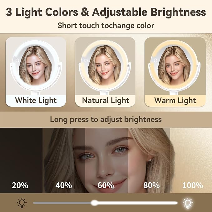Makeup Mirror with Lights, 80 LED Dual-Sided Lighted Makeup Mirror with Magnification, Desk Mirror (1X/10X) with 3 Color (4000K-8000K) & Touch Dimmer, Rechargeable 2000mAh Battery, Gift for Women