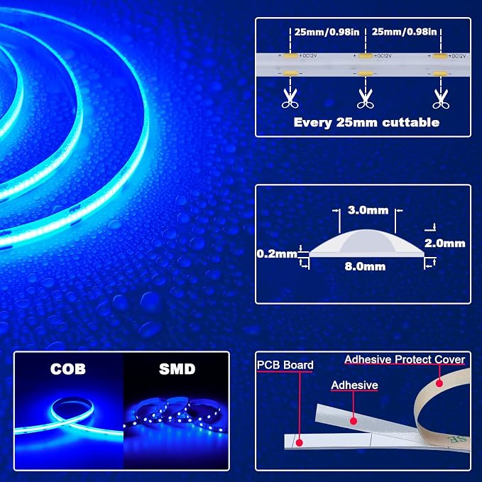 TOPAI 12V COB LED Strip Blue 16.4ft Dotless Outdoor IP65 Waterproof | High Density 480LEDs/M, Cuttable, Flexible, Self Adhesive Easy Install for Bar counter, Liquor cabinet