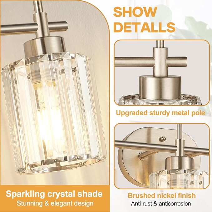 3-Light Bathroom Vanity Light Fixture, Brushed Nickel Bathroom Light with K9 Clear Crystal Shades, Modern Wall Sconce Lighting for Bathroom Mirror, Bedroom, Hallway