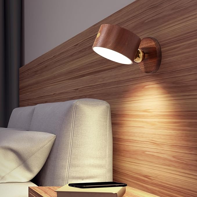 LANDGOO Sapele Wood Wall Sconce Bedside Lamp - Rechargeable Magnetic 360° Rotatable & Dimmable for Closet, Artwork & Reading (No Wiring Cordless Adjustable Light)