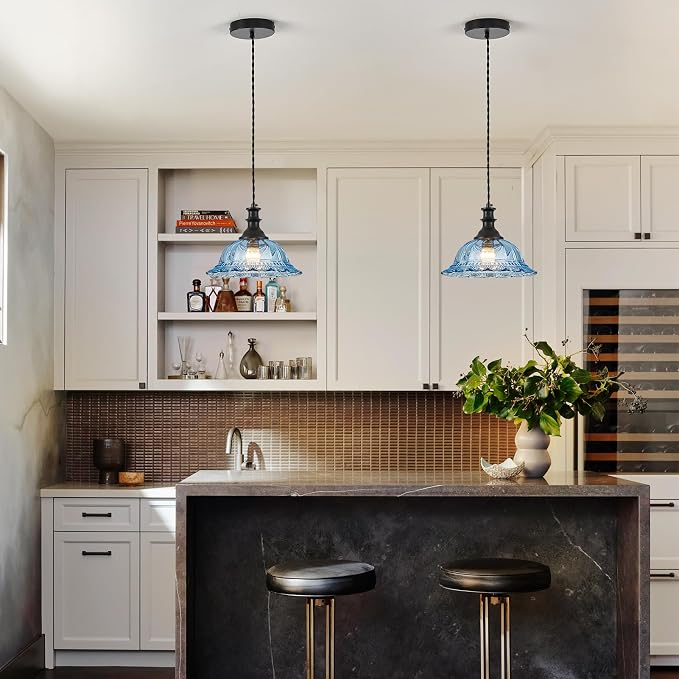 HDDFL Glass Pendant Lights Modern Pendant Lighting Fixtures Hanging Lamp for Kitchen Island Bedroom Dining Room Coffee Shop Hallway Blue and Black 2 Pack