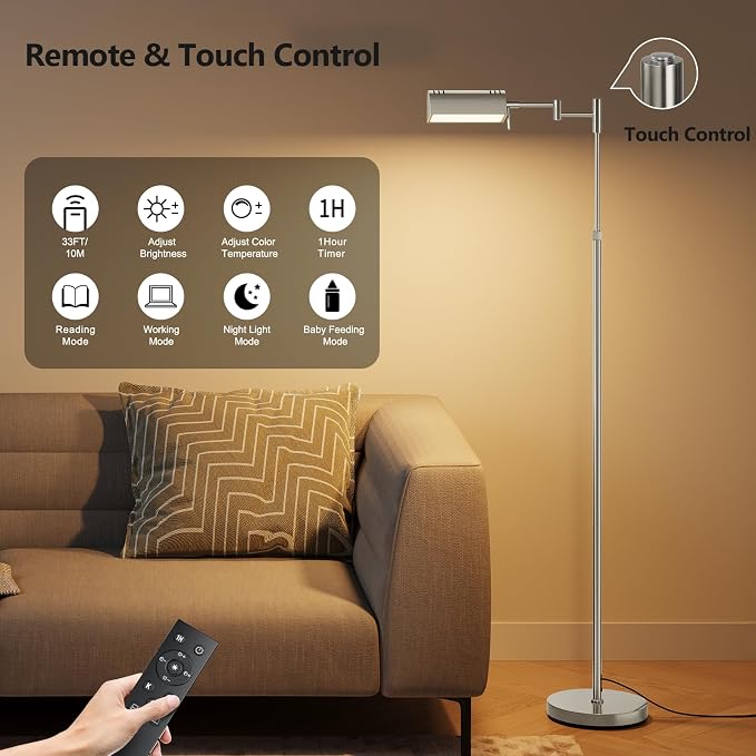 SUNMORY Dimmable LED Pharmacy Floor Lamps, 16W/1500LM Bright Reading Lamp | Remote Touch Control, 350°Swing Arm, Adjustable Height, Task Craft Tall Standing Light for Living Room Bedroom Office, Nickel