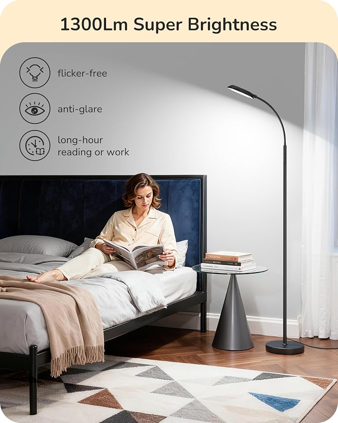 EDISHINE LED Floor Lamp 1300LM Super Bright Reading Floor Lamps Black | Dimmable, 4CCT, Remote & Touch Control, Adjustable Gooseneck, Dual Timer Design, for Bedroom, Living Room, Office