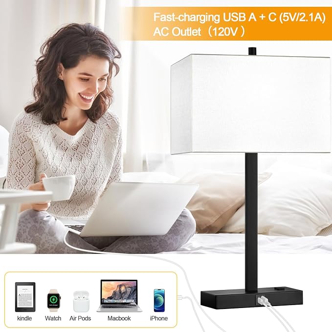 Lynnoland 21" Set of 2 Table lamp with USB A+C & AC Outlets, Touch Control 3-Way Dimmable Nightstand Lamps for Bedroom Living Room Office Reading, White Shade Touch Lamps, 5000K LED Bulbs Included