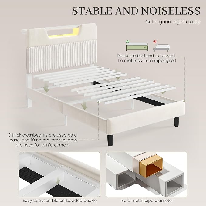 Homkdom Twin Bed Frame with Charging Station & Storage Headboard,White | 1USB-C & 2USB-A Charging, RGB LED Lights,7.78" Under-bed Storage,Velvet Upholstered Headboard,No Box Spring,Easy Assembly.