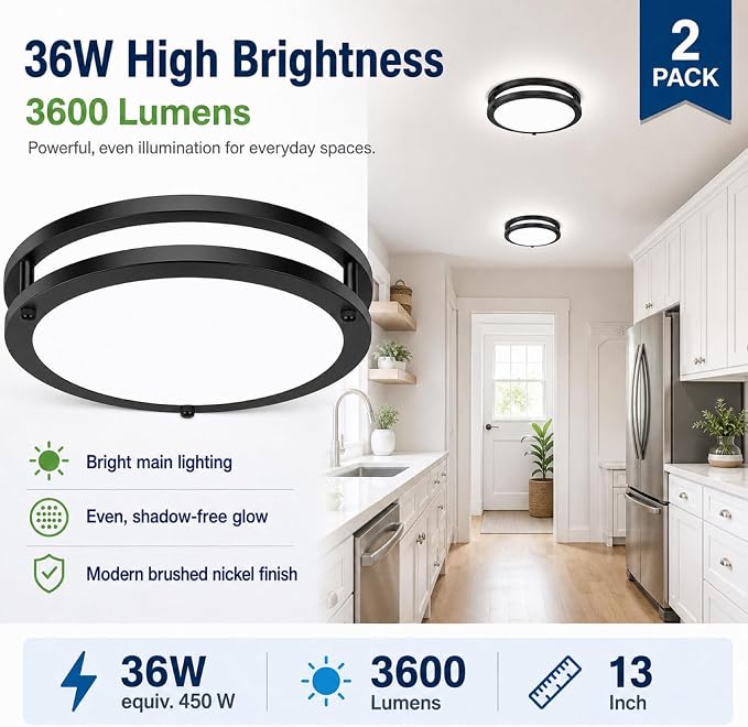 13in 36W Black Dimmable LED Ceiling Lights, 2-Pack 3600lm Super Bright Modern Flush Mount Light Fixtures, 2700K-6500K Adjustable Round Ceiling Lamps for Hallway Laundry Room Commercial Residential Use