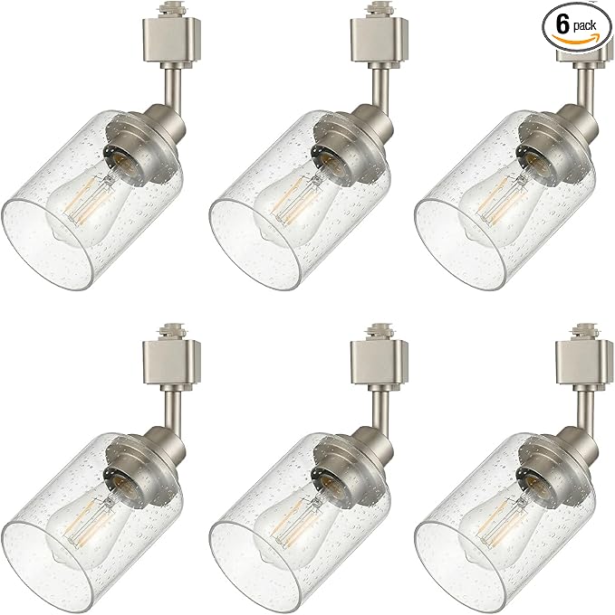 LOUSACE 6 Pack H Track Lighting Replacement Heads Brushed Nickel, Ceiling Track Lighting Fixtures with Seeded Glass Shades, E26 Base Track Light Heads for Retail Shop Kitchen Bathroom