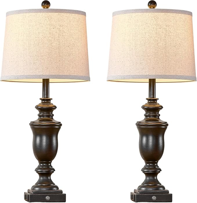 SAIWEYA 27.5" Set of 2 Farmhouse Table Lamps for Bedroom with AC Outlet | USB A+C Ports, 3 Way Dimmable Touch Control , Nightstand Lamps for Bedside, LED Bulb Included