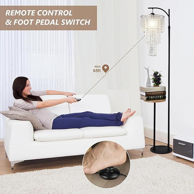 Arc Floor Lamp with Table and Shelves,Crystal Floor Lamps for Living Room,Dimmable Elegant Modern LED Floor Standing Lamp with Remote Control & 10 Colors,Black Adjustable Tall Lamp For Bedroom Corner