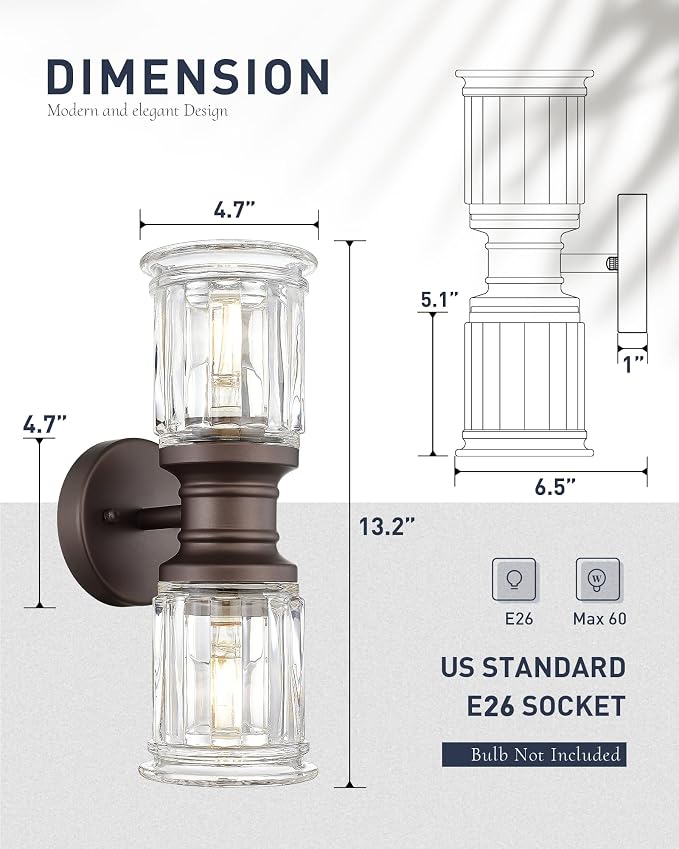 Rustic Wall Sconces, HWH Farmhouse Sconce Wall Lighting in Oil-Rubbed Bronze Finish, 2-Light Indoor Up Down Wall Light for Bathroom, Bell-Shaped Clear Glass, 5HZG106B-2W ORB