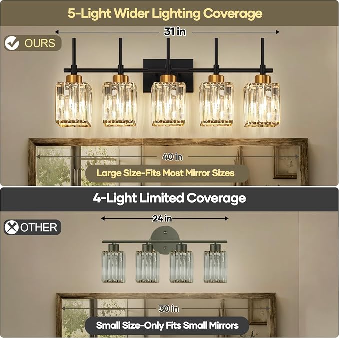 Torondo Modern Crystal Bathroom Vanity Light 5-Lights Gold Bathroom Light Fixtures Over Mirror Black and Gold Vanity Lighting Fixtures Gold Square Shade Brass Wall Sconce (Bulbs Not Include)