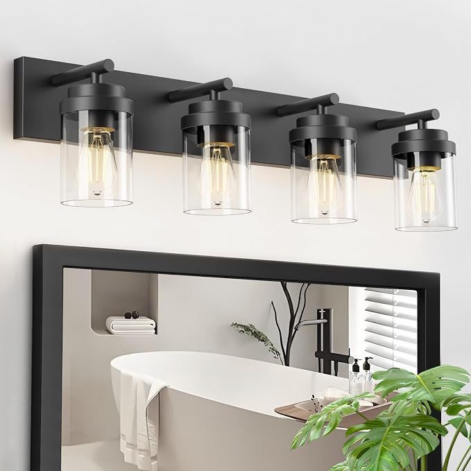 IZORRO Bathroom Vanity Light Fixture, 4-Light 30 Inch Matte Black Bathroom Light Fixtures Over Mirror, with Clear Glass Shade, Modern Farmhouse Vanity Lights, Rustic Restroom Lighting Fixtures