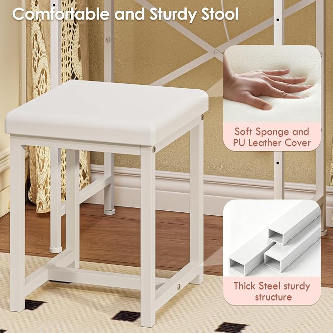 19.7"W Small White Makeup Vanity Desk with Mirror and Light, Chair | Mini Vanity Set Table with Stool, Smart Adjustable Lighted Mirror for Kids, Girls, Bedroom, Corner, Small Space