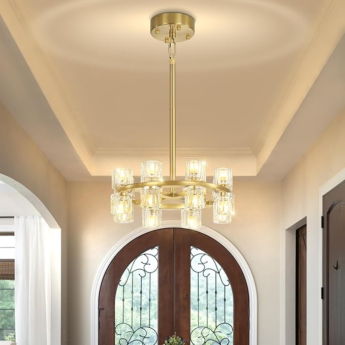 D16 Small Wagon Wheel Chandeliers 16-Lights Gold Round Chandelier Pendant Light for Kitchen Island Crystal Chandeliers for Dining Room,Living Room