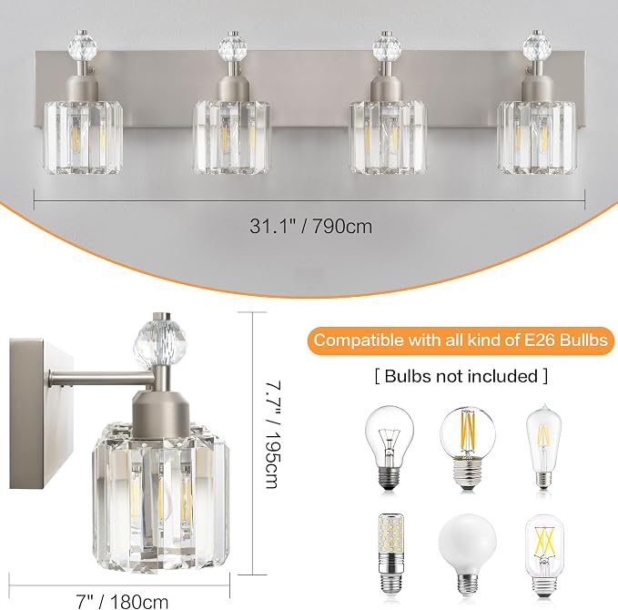 PRESDE 4-Light Brushed Nickel Vanity Light,Crystal Modern Bathroom Light Over Mirror,Wall Lighting Over Mirror Fixture