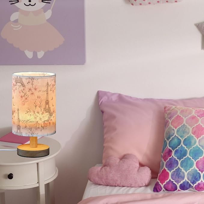Vintage Pink Floral Eiffel Tower Table Lamp for Bedroom USB Port Lamps Small Accent Table Lamp Nightstand Lamp Study Linen Shade with Wooden Base, Decorative Lamps for Bedside Reading|Kids|Dorm|Home