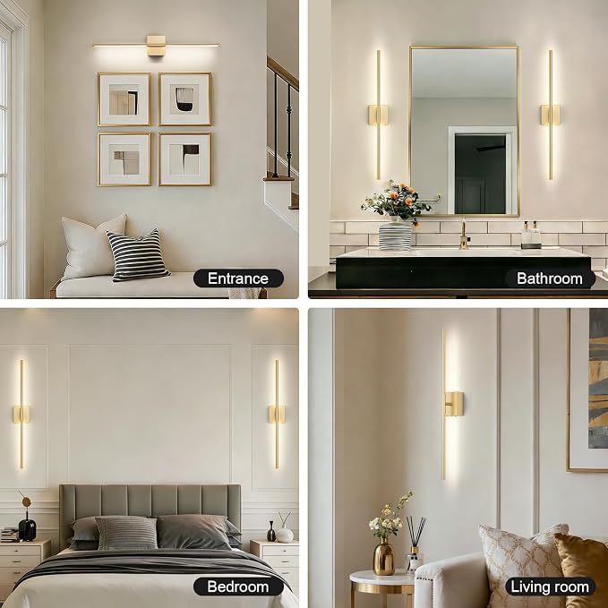 Battery Operated Wall Sconce, 3000K-6000K Dimmable Gold Wall Lights with Remote Control, Timable LED Wireless Wall Sconces, 350° Ratate for Bathroom, Living Room, Hallway 29.1 Inch 1 Pack