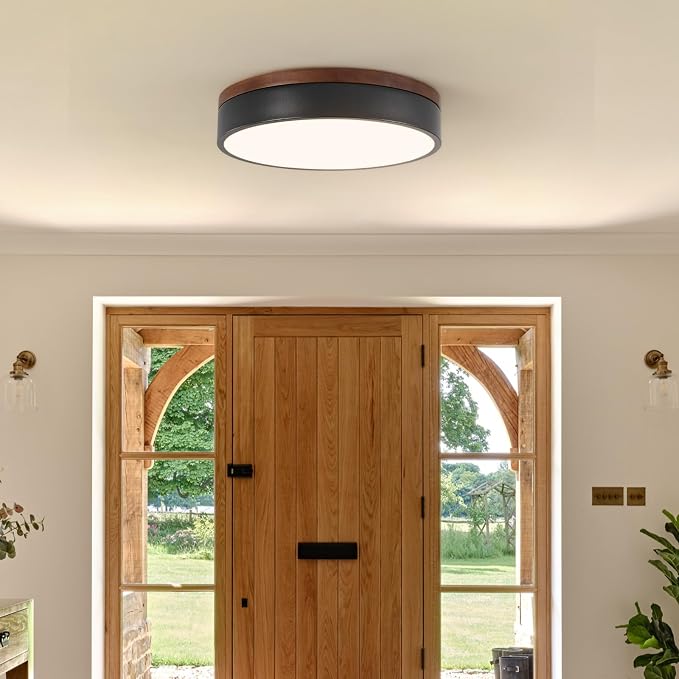 12" Minimalist Black and Walnut Wood LED Flush Mount Ceiling Light | Natural Wood Accent, Integrated LED, 5CCT Before Installation, Slim Low-Profile Design, Minimalist Modern Style, Compact Size