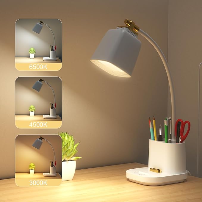 Desk Lamp with USB Charging Port & Pen Holder, LED Desk Light for Home Office, Touch Dimmable, Ideal for Study, Reading, and Work (White)